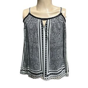 NWT INC Cold Shoulder Patterned Top with Keyhole in Black & White